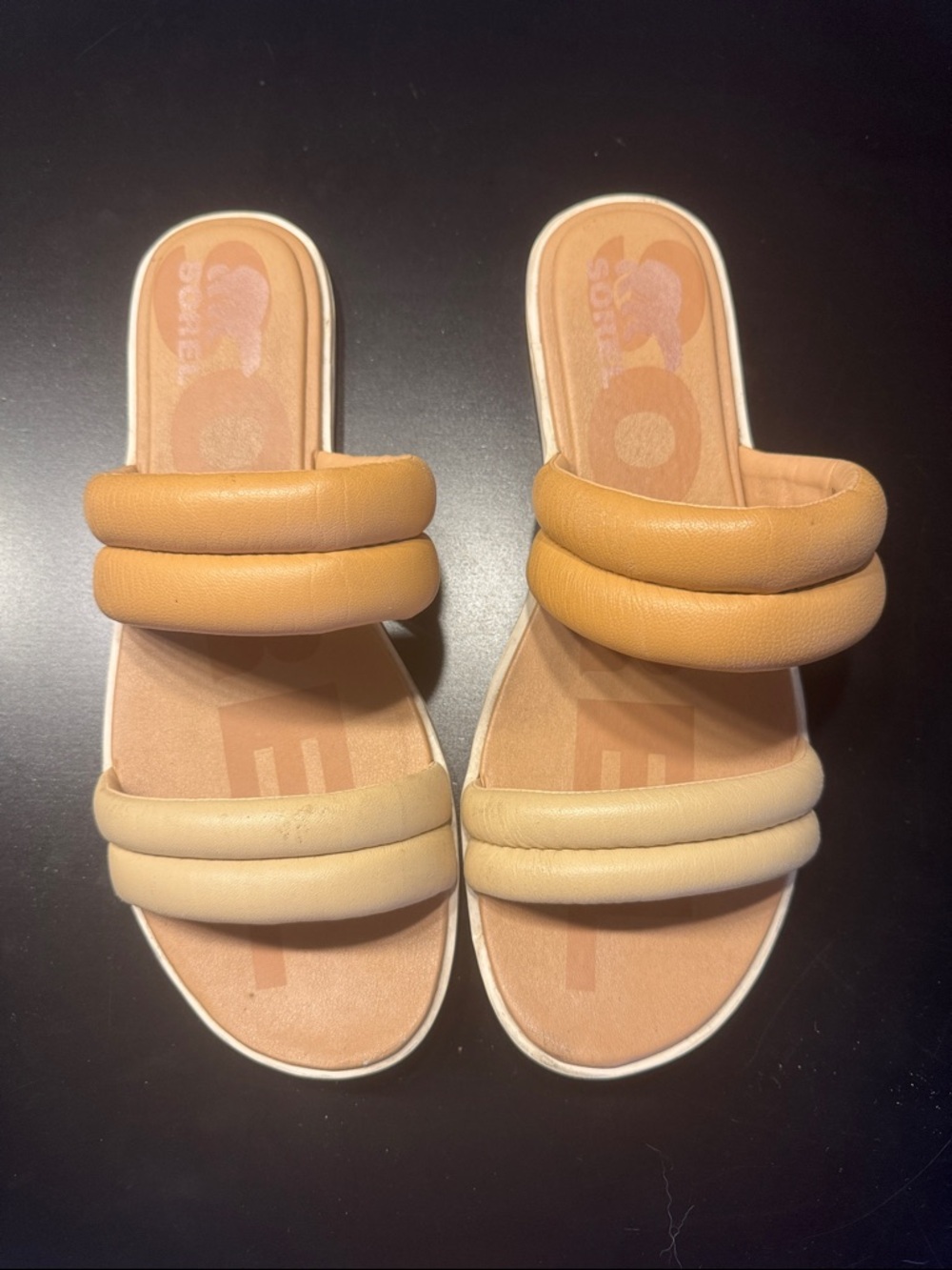 Sorel Two-Tone Padded Slide Sandals in Tan and Cream - Women